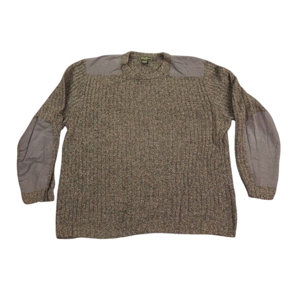 Eddie Bauer Sweater Mens Large Brown Pullover Military Crew Neck Elbow Patches - Picture 1 of 11